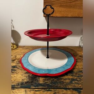Two-Tier Red and Turquoise Ceramic Serving Stand - Unbranded